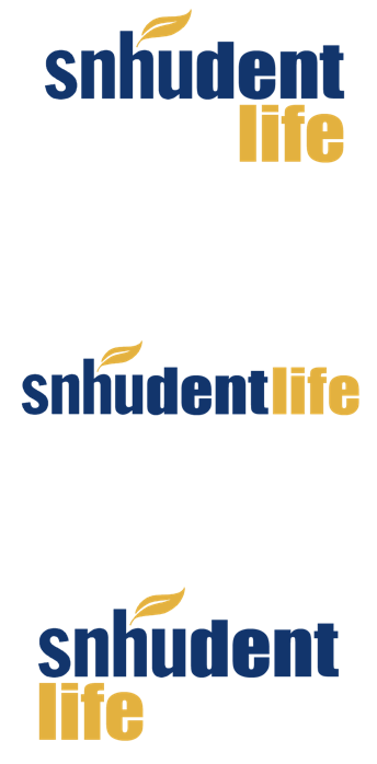 Here are the three logo designs by Renée D.  The word "snhudent" mainly consist of navy blue letters with the yellow-gold SNHU feather above the "h."  The word "life" is in the same yellow-gold color, only it is positioned in different locations beside the word "snhudent."