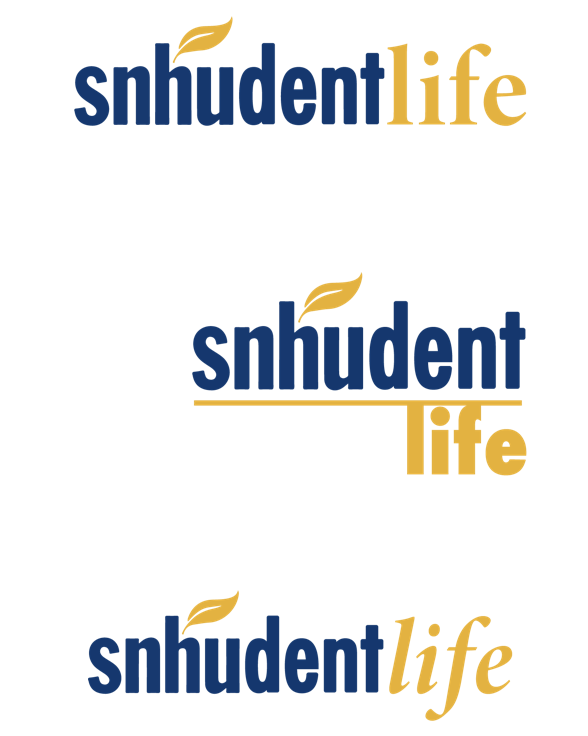 This is a picture of the three logo designs by Hannah R.  The word "snhudent" is a navy blue color, where a yellow-gold SNHU feather icon is placed above the "h."  The word "life" is in different fonts for each of the three logos.  The logo in the middle has the word "snhudent" underlined by a yellow-gold line.