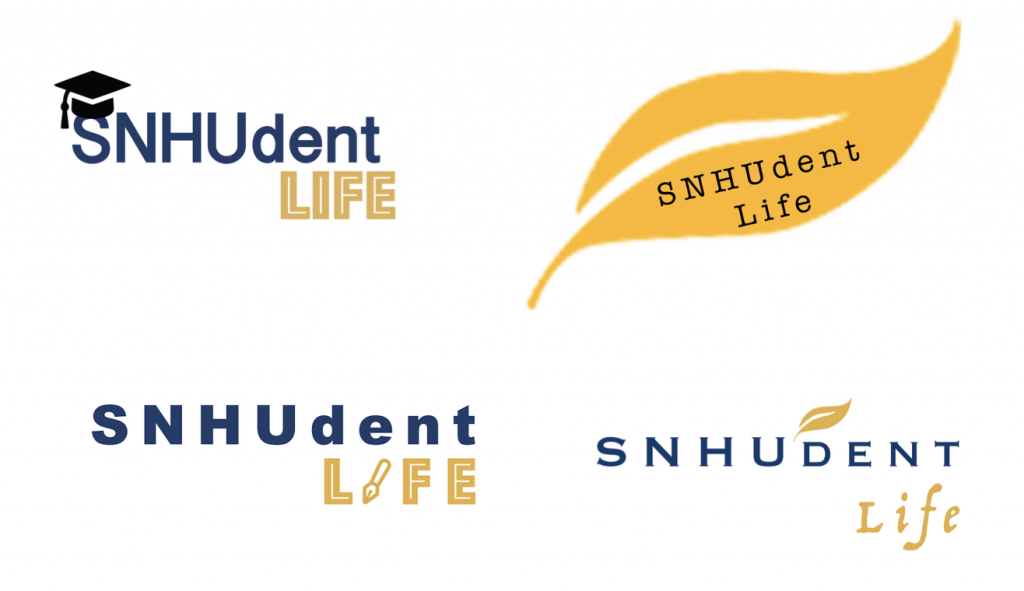 In this picture, it shows my four designs for the SNHUdent Life app.  They are set up in a two by two orientation.  The upper left logo has "SNHUdent" in a navy blue, where there is a black silhouette of a graduation cap sitting on the "S."  Below the word SNHUdent and shifted to the right is the word "LIFE."  It is in a yellow-gold color, only each letter has a white line which traces it within the yellow-gold trim.  The next logo to the right is a big SNHU feather, where the words "SNHUdent Life" in at an angle inside of it.  To the bottom left, the logo consists of the word "SNHUdent" in a similar fashion as the first.  The word "LIFE" is also the same, only that the "I" is substituted for a yellow-gold silhouette of an inkwell pen.  Finally, the lower right logo consists of the word "SNHUDENT" in all capital letters.  There is a gold SNHU feather above and inbetween the "U" and "D."  Below and to the right, the word "Life" is in a yellow-gold color and has the font similar to that of a hand-written note.